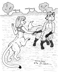 1990s 1999 20th_century animal_genitalia artist_signature bernard_doove bottomless breasts canid canid_taur canine canine_taur chakat_(species) chakona_space clothed clothing cougar dipstick_tail duo feline female fox fox_taur fully_sheathed furry futanari garrek genitals gloves_(marking) goldfur hair leg_markings male mammal mammal_taur markings monochrome multicolored_tail nude outside sheath socks_(marking) taur