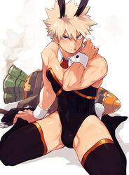 1boy blonde_hair blush bunny_ears bunny_tail bunnysuit detached_collar frizzy_hair hi_res katsuki_bakugou kneeling looking_at_viewer male male_only muscular my_hero_academia penis_bulge red_eyes solo solo_male spiky_hair thighhighs white_background wrist_cuffs yazakc