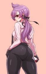 1girls anabel_(pokemon) anabel_(pokemon_sm) ass big_ass big_butt cleanerjay eye_contact female gloves hair_ribbon holding_poke_ball huge_ass long_hair looking_at_viewer looking_back pantylines pokemon pokemon_rse pokemon_sm purple_hair solo thick_thighs thighs tight_clothing tight_pants