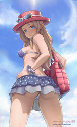 ass back bikini blonde_hair blue_eyes blush bra hand_on_hip hat looking_at_viewer looking_back low-angle_view miniskirt nintendo panties pokemon pokemon_xy serena_(pokemon) serena_(pokemon_games) swimsuit thighs yugen99