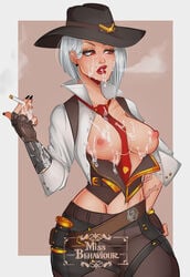 1girls 2d after_sex ashe_(overwatch) bare_midriff beauty_mark blizzard_entertainment breasts breasts_exposed breasts_out cigarette cum cum_dripping cum_on_body cum_on_breasts cum_on_face cum_on_hand cum_on_lips cum_on_upper_body female female_only hat missbehaviour open_vest overwatch red_eyes red_lipstick smoke smoking solo tattoo tie unimpressed vest white_hair white_shirt