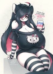 anthro big_breasts catgirl cleavage curvy english_text furry goth hair_over_one_eye huge_breasts hyper hyper_breasts long_hair looking_at_viewer messy_hair multicolored_hair nikki_(secretly_saucy) original secretly_saucy shoulderless_shirt sitting sweater thick_thighs wide_hips