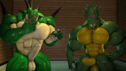 16:9 2boys 2males 3d_(artwork) alien anthro balls demon digital_media_(artwork) dragon dragon_ball dragon_ball_z duo erection gay genitals glowing glowing_eyes hi_res humanoid_genitalia humanoid_penis jackie_chan_adventures male male/male muscular pecs penis porunga red_eyes sam1377 scalie shendu source_filmmaker spikes widescreen