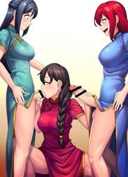 1girls 2futas balls bar_censor big_breasts big_penis black_hair braid breasts brown_hair censored chinese_clothes clothed clothing dress fellatio female fully_clothed futa/futa/female futa_on_female futanari futanariotintin handjob human light-skinned_female light-skinned_futanari light_skin looking_down mostly_clothed oral pale_skin penis red_hair sex sidelocks squatting standing threesome zeus_nakamura