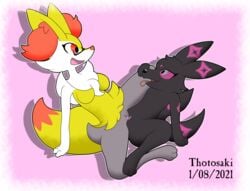 anthro anthro_on_feral braixen breasts chest_tuft clitoris eeveelution female female/female feral genitals hi_res katsurokurosaki nintendo pokémon_(species) pokemon pokemon_(species) pussy rubbing sex spread_legs spreading tongue tongue_out tribadism tuft umbreon vaginal_penetration video_games yuri