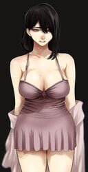 areolae bare_shoulders big_breasts black_hair breasts collarbone dress embarrassed hair_over_one_eye half-closed_eyes highres hoshi_san_3 large_breasts looking_away medium_hair mole mole_on_breast mole_on_thigh mole_under_eye mole_under_mouth mouth night_dress nipples original_character tagme thick_thighs thighs undressing