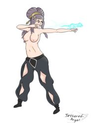 1girls fire_emblem fire_emblem_fates large_breasts long_hair magic nintendo nipples orochi_(fire_emblem) purple_eyes purple_hair rat smile solo tethered_angel topless white_background