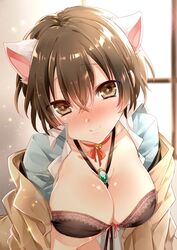 1girls big_breasts blush bra breasts brown_eyes brown_hair bungo_stray_dogs cat_ears catgirl dazai_osamu genderswap_(mtf) lace lingerie partially_clothed raimu_(yuzu-raimu) rule_63