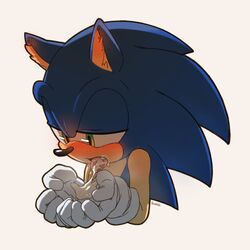 1boy blue_fur blue_hair cum cum_in_mouth cum_on_hands cumstring drooling_cum hedgehog male male_only quills sega sonic_(series) sonic_the_hedgehog sonic_the_hedgehog_(series) spikes spines spitting