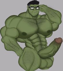 1boy arm_hair balls big_balls big_muscles big_penis black_hair body_hair boner chest_hair erection facial_hair gab_art glasses green_skin hulk hulk_(series) hyper_balls hyper_penis leg_hair looking_at_viewer male male_only marvel marvel_cinematic_universe muscular muscular_male nude penis professor_hulk pubic_hair solo solo_male veins veiny_penis