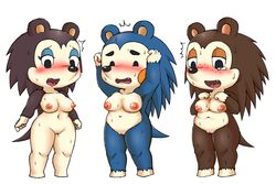 3:2 alternate_breast_size animal_crossing anthro blush bodily_fluids davirook embarrassed eulipotyphlan female genitals group hedgehog hi_res labelle_able mabel_able mammal nintendo nude pussy raised_arms sable_able sweat tears video_games