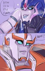 1girls 2koma after_fellatio after_oral alien alien_girl arcee blowjob blue_eyes cum cum_in_mouth cum_on_face facial fellatio female machine oral oral_sex penis ratchet_(transformers) robot robot_girl roddylovelychild text transformers transformers_prime