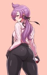 1girls anabel_(pokemon) anabel_(pokemon_sm) ass big_ass big_butt cleanerjay eye_contact female gloves hair_ribbon holding_poke_ball huge_ass long_hair looking_at_viewer looking_back pantylines pokemon pokemon_rse pokemon_sm purple_hair solo thick_thighs thighs tight_clothing tight_pants