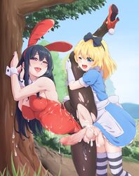 2futas against_tree age_difference alice_in_wonderland alice_liddell balls big_penis black_hair blonde_hair breasts bunny_ears bunnysuit censored clothed clothing crotchless cum cum_in_pussy cum_inflation cum_inside cum_on_clothes cumflated_belly cumflation detailed_background duo erection full-package_futanari futa_on_futa futa_only futanari gloves heart-shaped_pupils human inflation kujya leg_up light-skinned_futanari light_skin mosaic_censoring mostly_clothed outdoors outside pale_skin penis sex size_difference spread_legs stomach_bulge torn_clothes torn_clothing vaginal_penetration vertical_splits