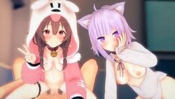 1boy 2girls 3d animal_ears animated bottomless breasts brown_eyes brown_hair cat_ears catgirl collar dog_ears dog_girl female hetero hololive hololive_gamers hololive_japan hoodie inugami_korone kemonomimi koikatu medium_breasts multiple_girls nekomata_okayu nipples no_sound open_jacket penis pov purple_eyes purple_hair pussy sex uncensored v vaginal_penetration video virtual_youtuber wataamage