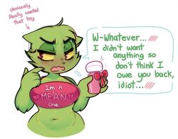 1girls anthro blush blush_lines bottomless breasts clothed clothing dialogue dr_seuss embarrassed female female_only fur gift green_body green_fur how_the_grinch_stole_christmas humanoid partially_clothed raikissu rule_63 sex_toy solo text text_on_clothing the_grinch the_grinchess topwear tsundere vibrator wide_hips yellow_eyes