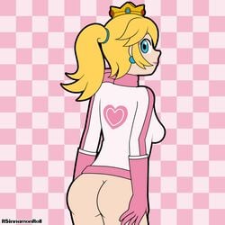 ass biker_clothes blonde_hair blue_eyes bottomless crown gloves jumpsuit lipstick mario_(series) mario_kart nintendo ponytail princess_peach rsinnamonroll scarf