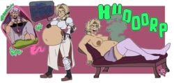 2girls armor big_belly big_breasts blonde_hair blue_eyes burping catherine_(fire_emblem) dark_skin dialogue english_text female female_only fire_emblem fire_emblem:_three_houses inside_view large_breasts lysithea_von_ordelia mr_rattleb0nes multiple_girls navel nintendo nipples ponytail purple_eyes sofa stockings stomach_bulge text vore white_hair x-ray