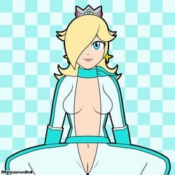 biker_clothes bimbo blonde_hair blue_eyes breasts covered_breasts covered_nipples crown gloves jumpsuit lipstick mario_(series) mario_kart nintendo open_clothes princess_rosalina pussy rsinnamonroll scarf