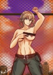 abs amane_suzuha arms_up artist_request background belt braided_hair brown_hair cargo_pants cityscape fence gun hazel_eyes looking_at_viewer matcha_(i.snort) medium_breasts muscles navel nipples outdoors pants pistol short_hair smile steins;gate steins;gate_0 topless trigger_discipline twin_braids