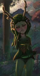 1girls biting_lip blush flower_in_hair forest green_hair green_skin horns horny hourglass_figure leaf_hair looking_at_viewer nari_(tales_of_arcadia) naughty_face pears_(artist) pointy_ears pussy_juice small_breasts tales_of_arcadia trees wizards_(tales_of_arcadia) wood