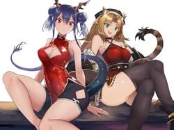 2020 2020s 2girls :d animal_ears arknights arm_support bangs bare_arms bare_legs bare_shoulders black_headwear blonde_hair blue_hair breasts ch'en_(ageless_afterglow)_(arknights) ch'en_(arknights) china_dress chinese_clothes cleavage cleavage_cutout clothing_cutout commentary_request compression_shorts covered_navel crossed_legs double_bun dragon_horns dragon_tail dress duo duo_female ecstasy eyebrows_visible_through_hair feather_boa feet_out_of_frame female green_eyes hair_between_eyes hat head_tilt horns jacket large_breasts long_hair looking_at_viewer multicolored_hair multiple_girls oerba_yun_fang off_shoulder official_alternate_costume open_mouth pink_eyes purple_eyes red_dress red_hair sash serious shiny_hair shiny_skin shiny_topwear short_hair short_shorts shorts sidelocks simple_background sitting sleeveless sleeveless_dress smile streaked_hair swire_(arknights) swire_(honor_and_splendor)_(arknights) tail thighhighs thighs tiger_ears tiger_tail tomboy two_tone_bottomwear two_tone_tail two_tone_topwear white_background yuzuruka_(bougainvillea)