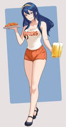 1girls 2020s 2021 alcohol alternate_costume bare_legs bbk_(13zk) beer black_footwear blue_eyes blue_hair bushidokuroi cleavage dolphin_shorts female female_only fire_emblem fire_emblem_awakening food grin happy hooters long_hair looking_at_viewer lucina_(fire_emblem) medium_breasts nintendo orange_bottomwear shorts side_slit smile solo tank_top text_on_topwear tiara tomboy waitress white_topwear