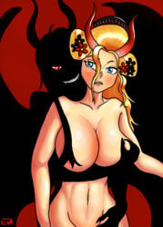 2girls areola_slip artist_request black_maria blonde_hair blush breast_grab breasts completely_nude demon demon_horns demon_wings demoness demonio_fleur devil_robin fangs female female_only femdom femsub groping groping_from_behind hana_hana_no_mi horns large_breasts nico_robin nude one_piece rape_face silhouette wings yuri