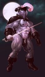 2016 abs anthro bara barazoku biceps biped black_nose boots bulge canid canine canis cape clothed clothing detailed_background detailed_bulge digital_media_(artwork) digital_painting_(artwork) dirtyyeen footwear full-length_portrait genital_outline glistening glistening_arms glistening_body glistening_clothing glistening_legs gloves grey_body handwear hat headgear headwear hi_res loose_feather male mammal mask melee_weapon mezcal moon mostly_nude muscular muscular_anthro muscular_male muscular_thighs navel night nipples pecs penis_outline portrait pose quill rapier shaded shoegaze. shoes skimpy soft_shading solo standing sword thick_thighs thong underwear weapon white_eyes wolf