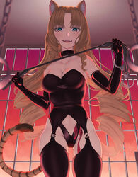 absurdres animal_ear_fluff animal_ears arknights bangs black_gloves black_legwear black_panties blonde_hair breasts carolrin choker collarbone condom condom_packet_strip condom_wrapper cuffs drill_hair elbow_gloves eyebrows_visible_through_hair female gloves green_eyes handcuffs heart heart-shaped_pupils highres long_hair looking_at_viewer medium_breasts navel open_mouth panties riding_crop skindentation solo swire_(arknights) symbol-shaped_pupils thighhighs thong tiger_ears twin_drills underwear very_long_hair