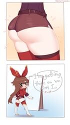 1girls amber_(genshin_impact) ass big_ass blush brown_eyes brown_hair cute detectiveneko eye_contact female genshin_impact hair_ribbon long_hair looking_at_viewer minishorts mirror shorts solo speech_bubble text thick_thighs thighs tight_clothing