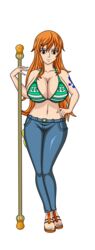 bikini dragexd female female_only jeans long_hair nami one_piece orange_hair striped_bikini tagme