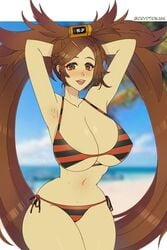 alternate_costume armpits arms_behind_head bare_thighs bikini black_bikini blush brown_eyes brown_hair cleavage covered_nipples cryptid_crab guilty_gear horizontal_stripes huge_breasts kuradoberi_jam looking_at_viewer nipple_bulge open_mouth orange_bikini orange_swimsuit pose sideboob smile striped striped_bikini striped_swimsuit swimsuit thick_thighs underboob very_long_hair wide_hips