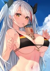 1girls 2019 absurdres anchor_symbol azur_lane bangs bare_shoulders bikini black_bikini blue_sky blush breasts bubble_tea bubble_tea_challenge cup day disposable_cup drink drinking drinking_straw eyebrows_visible_through_hair flag_print german_flag_bikini hands_up highres large_breasts long_hair looking_at_viewer mole mole_on_breast multicolored_hair navel object_on_breast outdoors prinz_eugen_(azur_lane) prinz_eugen_(unfading_smile)_(azur_lane) ribbon sidelocks silver_hair sky solo stomach streaked_hair swimsuit two_side_up u_ronnta very_long_hair