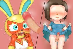 3:2 animal_crossing anthro artist_request balls blush bottomwear censored clothed clothing clothing_lift davirook duo faceless_character faceless_futanari faceless_human female futa_on_female futadom futanari genitals gloves gynomorph gynomorph/female handwear hi_res human human_on_anthro intersex intersex/female interspecies lagomorph leporid light-skinned_futanari mammal mira_(animal_crossing) nintendo no_underwear penis presenting presenting_penis rabbit sequence skirt skirt_lift video_games villager_(animal_crossing)