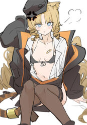 :t =3 anger_vein animal_ears arknights arm_behind_head bandaid beret black_bra black_headwear black_jacket black_legwear blonde_hair blue_eyes blush bra breasts cleavage collarbone commentary drill_hair feet_out_of_frame female front-tie_bra hat hjl_(15623862639) jacket knees_together_feet_apart legwear looking_at_viewer navel open_clothes open_jacket open_shirt pout pouting shirt sitting sketch small_breasts solo swire_(arknights) tail thighhighs tiger_ears tiger_girl tiger_tail underwear white_shirt