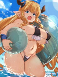 :d areolae ball beachball belly bikini black_bikini blonde_hair blue_eyes bracer breasts cloud cloudy_sky covered_nipples draph drill_hair female granblue_fantasy highleg highleg_bikini highres horns innertube kawacchi_hirohiro large_breasts lens_flare long_hair micro_bikini navel ocean open_mouth pointy_ears rastina shortstack side_drill sky smile solo swimsuit thick_thighs thighs v-shaped_eyebrows very_long_hair wading wet wide_hips