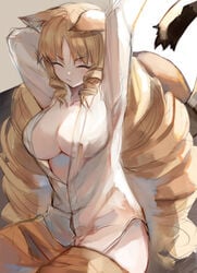 animal_ears arknights arms_up blonde_hair breasts cleavage closed_eyes dress_shirt drill_hair female highres large_breasts long_hair long_sleeves no_bra ryuuji_teitoku shirt sketch solo stretch swire_(arknights) tail tiger_ears tiger_girl tiger_tail twin_drills v-shaped_eyebrows very_long_hair white_shirt