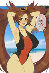 alternate_costume armpits arms_behind_head bare_thighs blush brown_eyes brown_hair cleavage covered_nipples cryptid_crab english_text guilty_gear huge_breasts kuradoberi_jam looking_at_viewer nipple_bulge one-piece_swimsuit open_mouth orange_bikini orange_swimsuit pose sideboob smile striped striped_swimsuit swimsuit text thick_thighs thunder_thighs vertical_stripes very_long_hair wide_hips