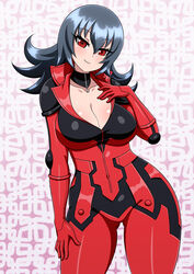 alternate_outfit big_breasts blue_hair bodysuit breasts female female_focus female_only game_freak gym_leader hand_on_thigh nintendo pokemon pokemon_hgss red_eyes sabrina_(pokemon) sabrina_(pokemon_hgss) short_hair smile thighs tight_bodysuit tight_clothing yensh