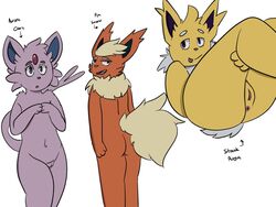 4:3 aetherouranos anthro ass eeveelution espeon female flareon genitals group jolteon looking_at_viewer mammal nintendo nude pokémon_(species) pokemon pussy simple_background video_games