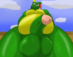 absurd_res anthro balls belly big_balls big_penis cloud crocodilian crown donkey_kong_(series) genitals glistening glistening_body green_body hi_res k_rool kremling ll-ss looking_at_viewer looking_down low-angle_view male male_only musclegut nintendo overweight overweight_anthro overweight_male pecs penis reptile scalie sharp_teeth signature solo teeth tongue tongue_out video_games worm's-eye_view