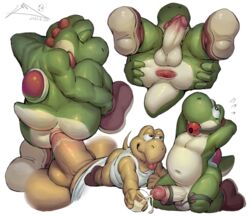 2boys anal anthro anus ass ball_gag balls bodily_fluids cum cum_in_ass cum_inside dinosaur duo ejaculation gag gay genital_fluids genitals hi_res koopa koopa_troopa male male/male male_only mario_(series) nintendo penetration penis reptile scalie turtle video_games white_background yaoi yoshi zi_ran