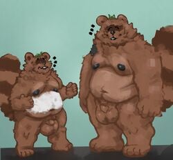 2021 2wuff anthro belly big_testicles brown_body brown_fur canid canine closed_eyes duo fur furry genitals highres leaf male male_focus male_only mammal moobs navel nipples overweight overweight_male penis raccoon_dog tanuki testicles