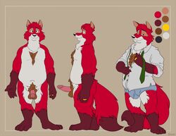 2018 anthro balls black_nose bravo bulge canid canine clothing detailed_bulge erection flaccid fox fur genital_outline genitals humanoid_genitalia humanoid_hands humanoid_penis hyenafur kody_rowan_(character) male mammal model_sheet penis penis_outline red_body red_fur shirt slightly_chubby solo topwear white_body white_fur