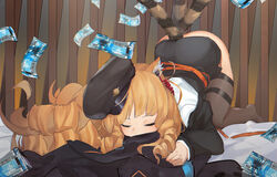 :d animal_ear_fluff animal_ears arknights bangs black_legwear blonde_hair closed_eyes commentary drill_hair earpiece female green_eyes hat indoors long_hair long_sleeves lungmen_dollar military_hat open_mouth photoshop_(medium) shirt shiyashiki sidelocks smelling smelling_clothes smile solo swire_(arknights) tail tail_wagging thighhighs tiger_ears tiger_girl tiger_tail top-down_bottom-up white_shirt