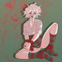 1boy anus artist_name balls_under_clothes blush bottomless bound bound_ankles bound_legs bound_wrists clothed clothing color danganronpa danganronpa_2:_goodbye_despair drooling femboy legs_apart legs_spread looking_at_viewer male male_focus male_only nagito_komaeda open_shirt open_smile painted_nails red_nails ren_valentine restrained saliva saliva_drip scars self_harm_scars skirt skirt_lift skirt_up smile smiling smiling_at_viewer socks solo solo_focus straight_hair tied tied_up white_hair