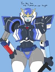 1girls alien alien_girl big_breasts blue_eyes blue_lips blue_lipstick blue_panties blue_thong breasts busty female female_only machine panties robot robot_girl solo solo_female strongarm_(transformers) text thick_thighs thong transformers transformers_robots_in_disguise_(2015)