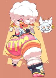 ! ass bottom_heavy breasts earrings female fur hair_over_one_eye heart huge_ass hyper_bimbo manaka_(aggretsuko) sheep sixsidesofmyhead speech_bubble text_on_clothing thick_thighs thorn_(ownintime) wide_hips