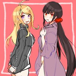 2017 2girls absurd_res ahoge akamatsu_kaede angry black_jacket blonde_hair blush brown_hair caught colored covering covering_ass danganronpa danganronpa_v3 embarrassed female_only hair_ornament harukawa_maki hi_res large_breasts long_hair multiple_girls no_panties nude only_one_layer_of_clothing purple_eyes purple_jacket red_background red_eyes red_scrunchie scrunchie small_breasts smooth_skin surprised twintails very_long_hair wholesome